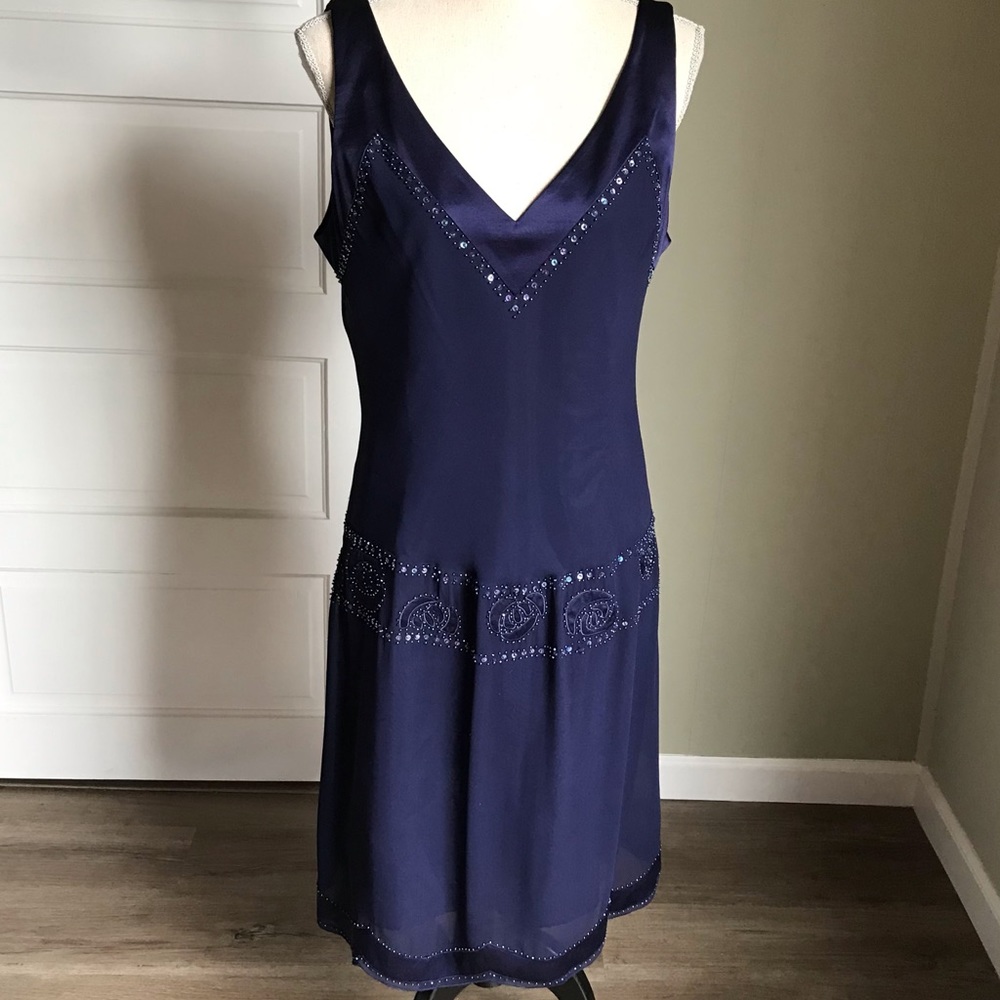 Nine West Blue Silk Beaded Dress Gatsby Girl 14